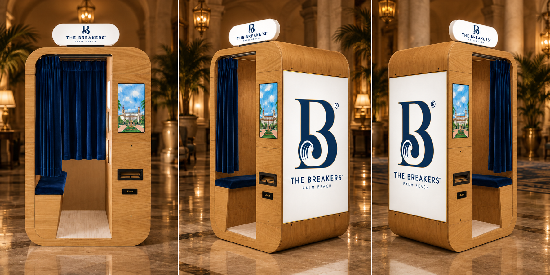 Three-view luxury hotel photo booth concept with navy velvet details
