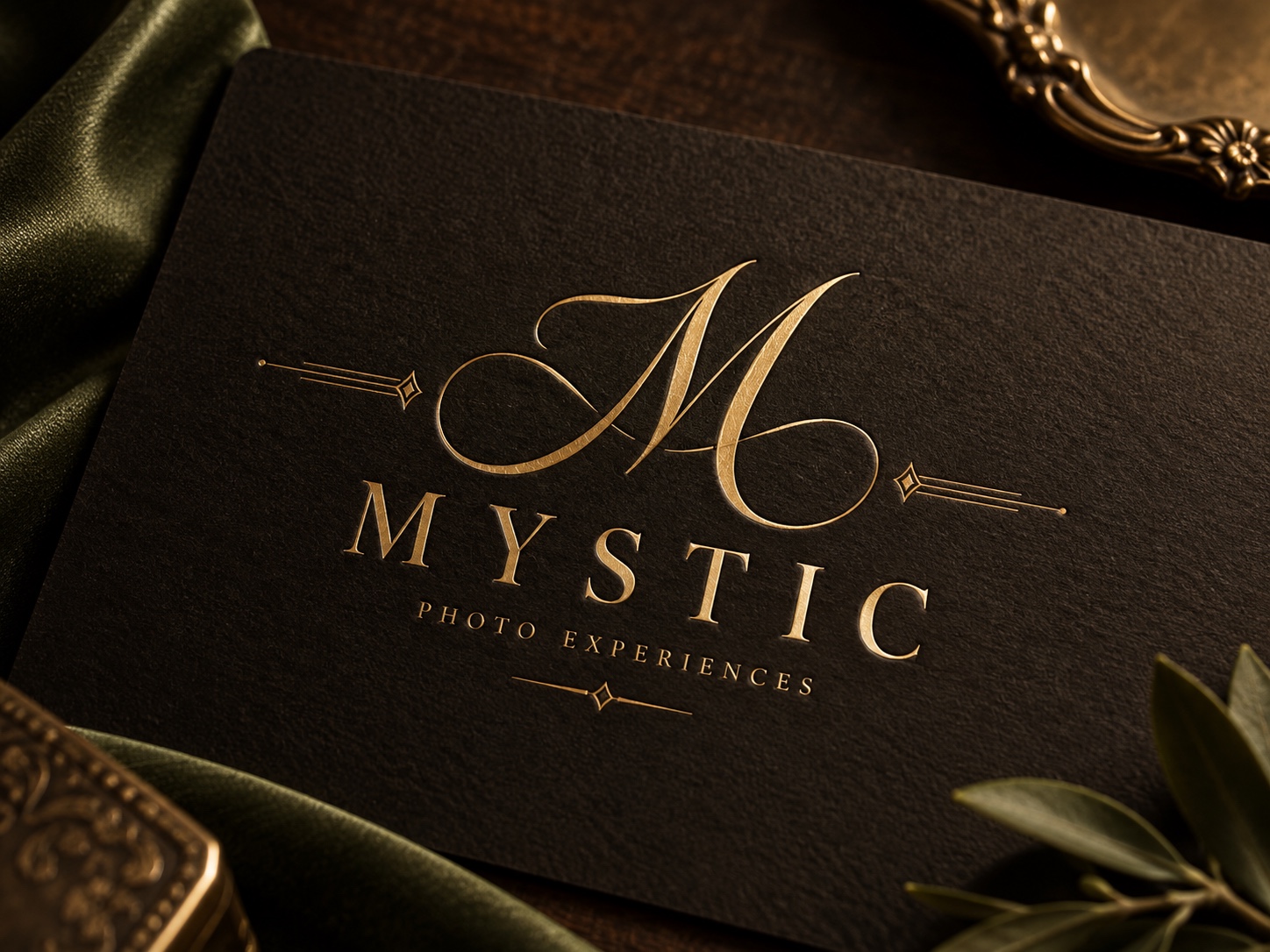 Mystic Photo Experiences gold monogram on textured black card